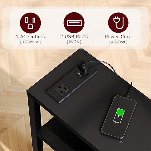 Narrow Side Table with Charging Station, Slim End Table with Magazine Rack, Bedside Table for Small Spaces, 3 Tier Sofa Couch Table Nightstand for Living Room, Bedroom, Black LET503BE - color: Black
