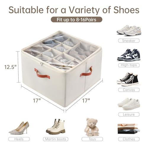 INSTY Shoe Organizer for Closet, 2 Pack Foldable Shoe Storage Containers, Fits up to 16-32 Pairs, Adjustable Dividers for Shoe Organizer, Fabric Shoe Storage Bins with Clear Cover, Beige - color: Beige