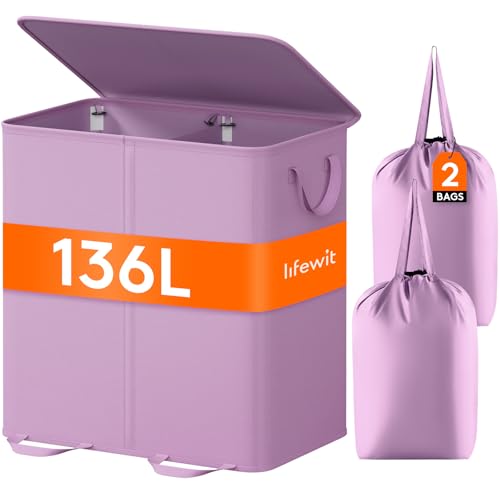 Lifewit Double Laundry Hamper with Lid and Removable Laundry Bags, Large Collapsible 2 Dividers Dirty Clothes Basket with Handles for Bedroom Laundry Room Closet Bathroom College, 136L Purple - color: Purple, size: 136L