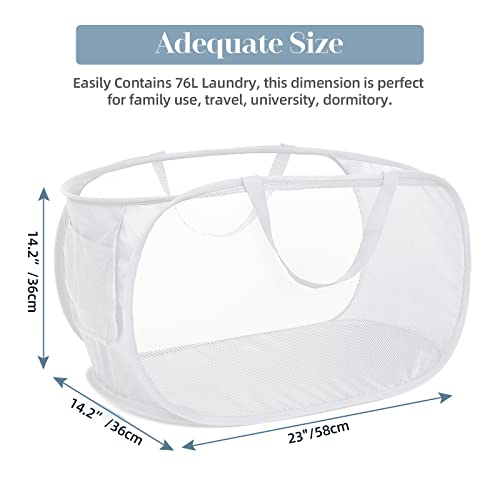 Strong Mesh Pop Up Laundry Basket, Collapsible Laundry Hamper with Side Pocket, Foldable Clothes Pop Up Hamper with Durable Reinforced Handles for Laundry, Bathroom, Kids Room, Dorm or Travel White - color: White