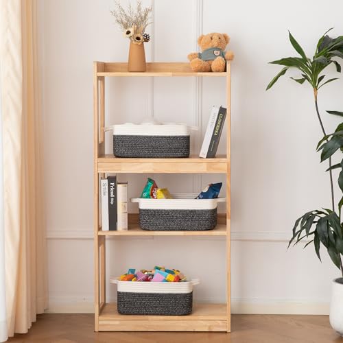 OIAHOMY 3 Pack Storage Baskets for Organizing, Woven Cotton Rope Basket for Shelves, Closet Organizer Bins with Handles, Rectangle Toy Organization, 13.78''×9.84''×5.5'', Black & White - color: Black variegated, size: 13.8''×9.8''×5.5''