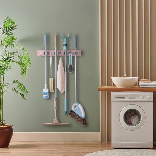 OUTNILI Pink Mop Broom Holder Wall Mount with 4 Slots & 4 Hooks - Wood Broom Mop Hanger for Pantry Closet Laundry Room Kitchen Organization - for Pink Kitchen Decor and Accessories - color: Pink-4 Grips, size: 1 Pack