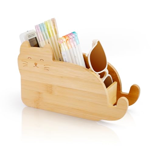 RETON Bamboo Remote Control Holder with 4 Compartments, Cute Cloud - Shaped Pen Organizer, TV Remote Holder Storage Caddy Box Suitable for Media Controller Makeup Brush Office desk Supplies (Cat)