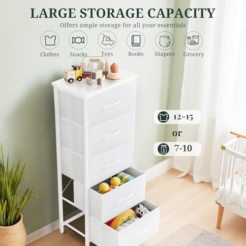 Nightstand, 5 Drawer Dresser End Table Bedside Furniture with Wooden Top Steel Frame Fabric Bins for Bedroom, Closet, Entryway, Dorm, Living Room, White - color: White, size: 11.8"D x 15.8"W x 47.8"H (5 Drawers)