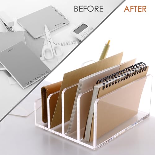 SANRUI Acrylic Mail Organizer, 5 Compartments File Holder for Desk,Letter Sorter with Pen Holder,Desk Organizers and Accessories,Clear Cute Mail Sorter - style: 4 Sections with Pen Holder