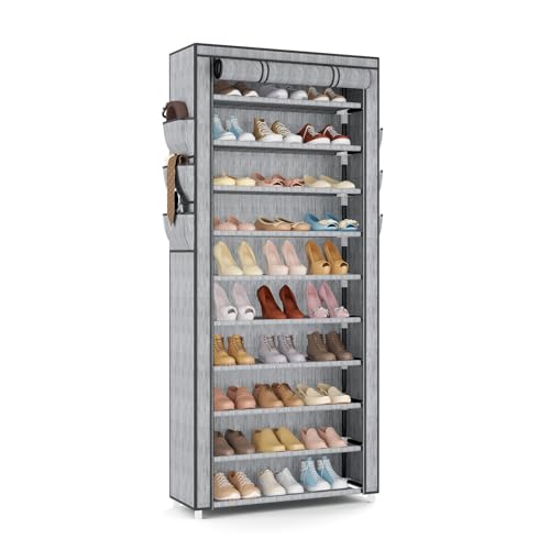VTRIN Vertical Narrow Shoe Rack Organizer Tall Shoe Rack for Closet Entryway 10 Tier Non-Woven Cover Shoe Shelf Holds 36-41 Pairs Free Standing Shoe Storage Cabinet with Dustproof Cover, Multi Color - color: Multi Colo, size: 24.8"W x11.8"D x 68.9"H
