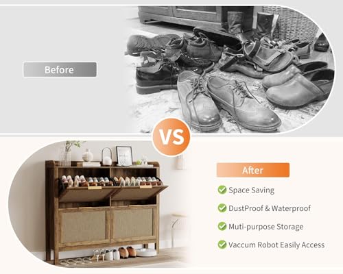 Garvee Farmhouse Rattan Shoe Cabinet, 47 Inch Boho Shoes Organizer with 4 Flip Drawers, Freestanding Narrow Shoe Rack for Entryway with Hidden Golden Handles&Adjustable Shelves(Brown) - size: 4 doors