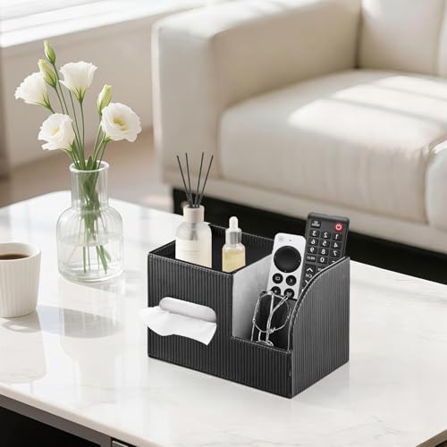 Modern PU Leather Cube Tissue Box Cover with Storage Tray, Multifunctional Remote Control Holder & Facial Tissue Dispenser Organizer for Nightstand, Bathroom, Bedroom, Office & Home Decor - color: Black