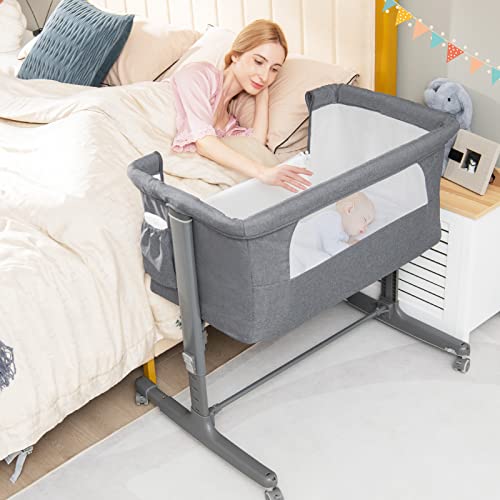 BABY JOY Bassinet Bedside Sleeper, 3 in 1 Folding Crib w/Adjustable Height, Mattress, Lockable Wheels, Storage Pocket & Carry Bag for Infant Newborn, Stationary & Rock, Portable Baby Bassinet (Grey) - color: Grey