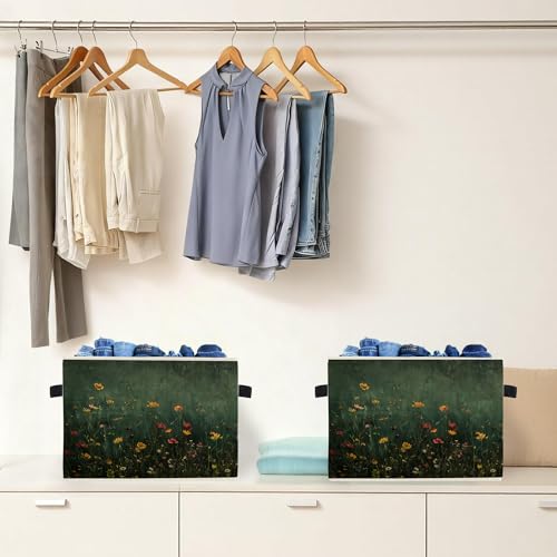 Dark Green Wildflower Storage Box Bins, Dark Cottagecore Floral Botanical Collapsible Storage Basket Organizer for Bedroom Laundry Room Home Clothes Toys Books, Toybox for Girls - color: Floral C