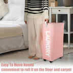 VOCOSTE Laundry Basket With Wheels, 27" Tall Rolling Laundry Basket, 55L Slim Laundry Hamper on Wheels, Narrow Laundry Hamper for Closet, Clothes Hamper with Handle for Corner Dorm, Pink