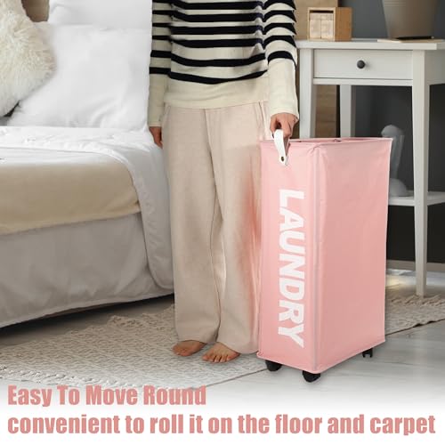 VOCOSTE Laundry Basket With Wheels, 27" Tall Rolling Laundry Basket, 55L Slim Laundry Hamper on Wheels, Narrow Laundry Hamper for Closet, Clothes Hamper with Handle for Corner Dorm, Pink