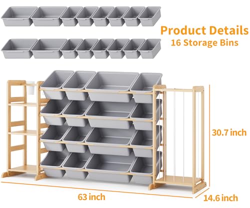 Toy Storage Organizer with Bookshelf and Stuffed Animal Storage - Kids Playroom Organization with Shelves and 16 Toy Bins - Toddler Living Room Toy Box for Lego - Nursery Bedroom Decor Essentials - color: Grey, size: 67"W,3 Shelves,16 Bins