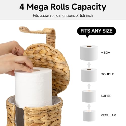 StorageWorks Wicker Water Hyacinth Freestanding Toilet Paper Holder Stand with Storage, Farmhouse Covered Toilet Paper Stand for 4 Rolls with Cloth Lining, Tissue Holder for Bathroom Decor with Shelf - color: Natural（water Hyacinth）, size: 6¾"D(For 4 Roll