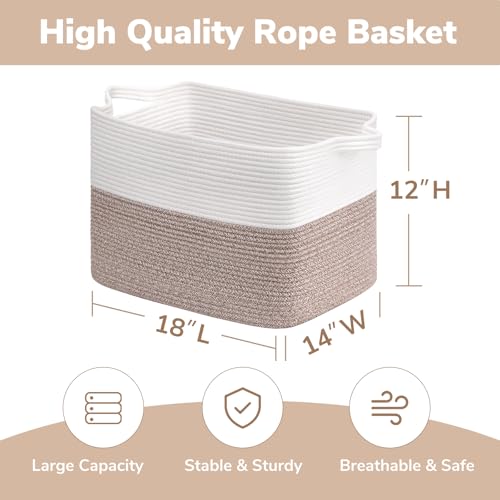 Goodpick Woven Baskets for Organizing, Rectangle Toy Baskets Storage Kids, Rope Storage Basket with Handles, Large Blanket Basket for Living Room, 18 x 14 x 12 Inches - color: Brown, size: 18"L x 14"W x 12"H
