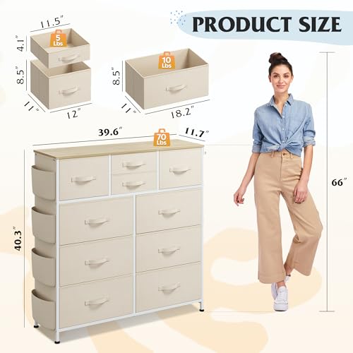 WLIVE Fabric Dresser for Bedroom with 10 Drawers, Chest of Drawers with Side Pockets and Hooks, Sturdy Metal Frame, Drawers Organizer Unit for Living Room, Hallway, Cream White - color: Cream White