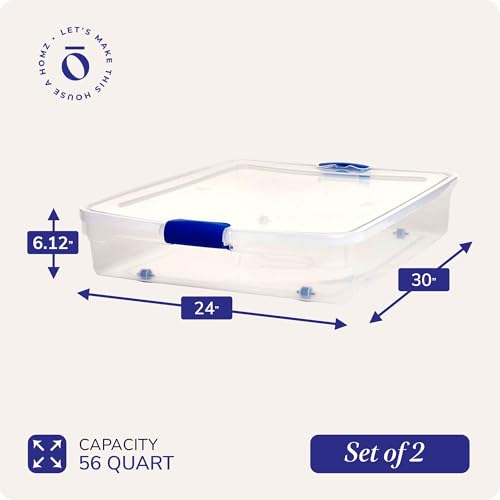 HOMZ 2-Pack Under Bed Storage, Clear Plastic Containers with Lids, 56 Quart, Blue Latch - Stackable Underbed Organizer Bins for Shoes, Bags, Clothes, and Towels - color: Blue, size: 56 Quart