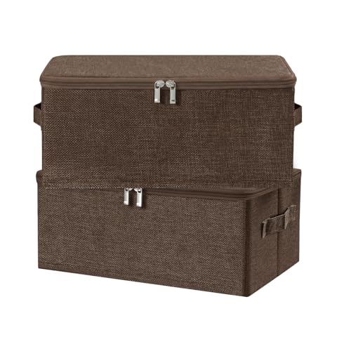 ANMINY 2PCS Storage Bins with Zipper Lids 13 Qt Lidded Fabric Storage Boxes Baskets Cubes with Handles Collapsible Washable Cotton Linen Closet Shelf Clothes Organizer Containers - Coffee, Small - color: Coffee, size: Small (Pack of 2)