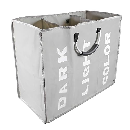 94L Foldable Laundry Basket with Handle Divided Laundry Hamper 3 Sections for Dirty Clothes 3 Compartment Collapsible Sorted Bag for School Dorm Bedroom Bathroom Closet Apartment (Light gray)