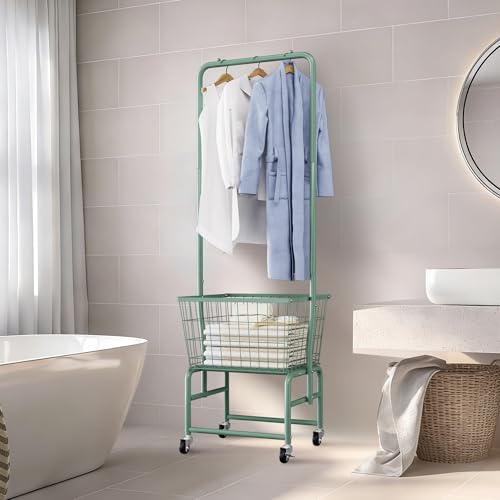 Rolling Laundry Cart with Wheels, Laundry Hamper Basket Organizer with Clothes Hanging Rack, Wire Storage Cloth Shelf Butler, Green - color: Green