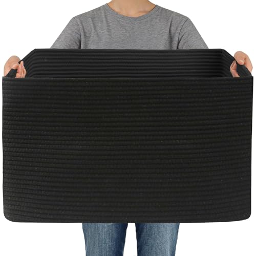 JMvicyroam Woven Blanket Basket,96L Large Storage Bin for Blankets Toys Clothes,Decorative Rope Basket for Living Room Bedroom with Handles, Black - color: Black, size: 96L