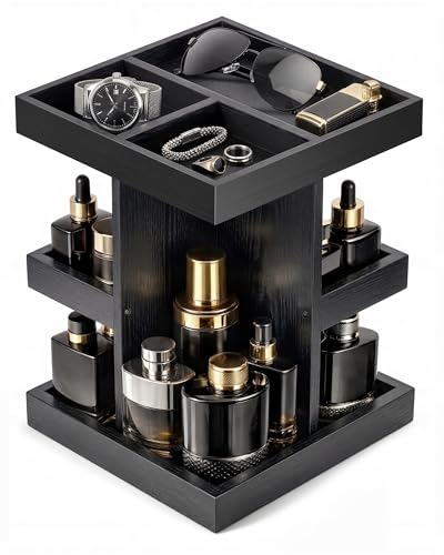 ProCase 3-Tier 360° Rotating Cologne Organizer for men, Large Capacity Wooden Countertop Display Rack for Bathroom & Dresser, Space-Saving Vanity Tray for Perfume & Skincare, Gifts for Him (Black) - color: Black