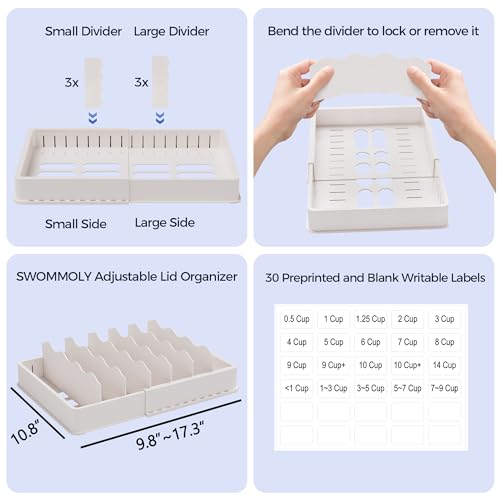 SWOMMOLY Expandable Food Storage Container Lid Organizer, Includes 6 Adjustable Dividers, 30 Preprinted and Blank Writable Labels, White - size: Large