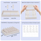 SWOMMOLY Expandable Food Storage Container Lid Organizer, Includes 6 Adjustable Dividers, 30 Preprinted and Blank Writable Labels, White - size: Large