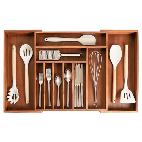 KitchenEdge Premium Silverware, Flatware and Utensil Organizer for Kitchen Drawers, Food-Safe Contract Grade, Expandable from 16 to 28 In, Natural Acacia - color: Natural Acacia, size: From 16" to 28" wide