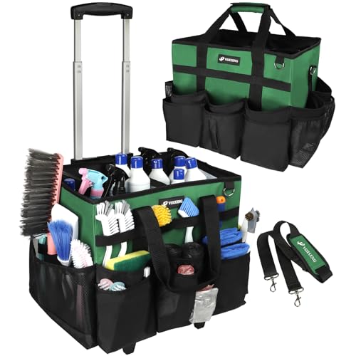 Large Rolling Cleaning Caddy Bag with Wheels, Cleaning Bag with Detachable Trolley, Cleaning Bags on Wheels for Housekeepers, Cleaning Cart Supplies Organizer for Home, Car, Picnic (Green) - color: Green