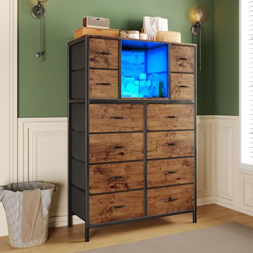 58.7" H Dresser for Bedroom with 12 Fabric Drawers & LED Lights, Anti-Tips Chest of Drawers with Open Shelves for Small Space, Living Room, Storage Organizer with Steel Frame, Wood Top, Rustic Brown