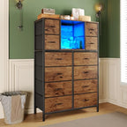 58.7" H Dresser for Bedroom with 12 Fabric Drawers & LED Lights, Anti-Tips Chest of Drawers with Open Shelves for Small Space, Living Room, Storage Organizer with Steel Frame, Wood Top, Rustic Brown