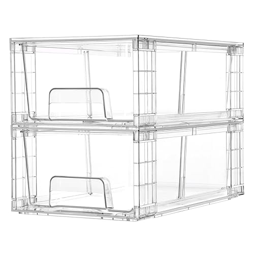 Vtopmart 2 Pack Stackable Storage Drawers,Clear Acrylic Drawer Organizers with Handles, Easily Assemble Containers for Fridge, Bathroom,Kitchen Undersink,Cabinet,Pantry Organization and Storage - size: 2Pack 4.4"H-with Dividers