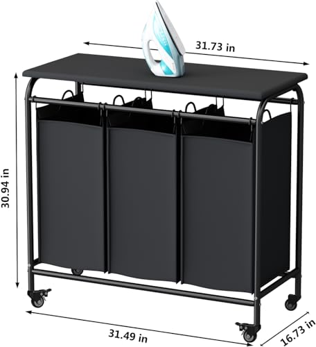 LINZINAR 3 Bag Laundry Basket Sorter Heavy Duty Rolling Lockable Wheels Laundry Hamper Cart with Ironing Board and Removable Bags, Black - size: 3 Bags Black with Board