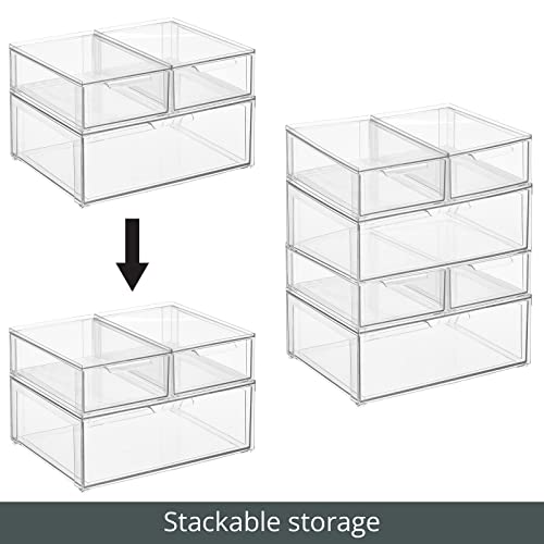 mDesign Plastic Stackable Bathroom Storage Organizer Bin Containers with Front Pull Drawer for Bathroom Countertop, Vanity, Closet Shelves - Holder for Accessories, Lumiere Collection, Set of 3, Clear - size: Mixed Sizes (Pack of 3)