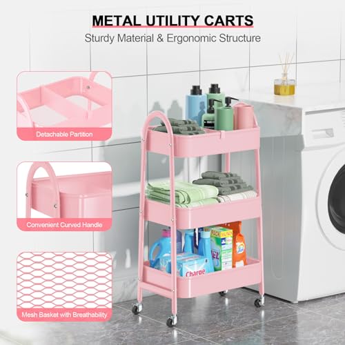 EAGMAK 3 Tier Utility Rolling Cart, Metal Storage Cart with Handle and Lockable Wheels, Multifunctional Storage Organizer Trolley with Mesh Baskets for Kitchen, Living Room, Office, Garage (Pink) - color: Pink, size: Normal