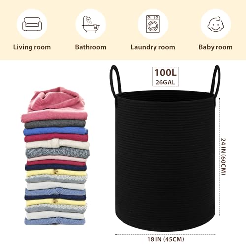 OIAHOMY Large Laundry Basket Hamper - 100L Cotton Rope Woven Basket for Blankets, Toys, Clothes - Tall Decorative Nursery Hamper with Long Handles, Black - color: Black, size: 100L