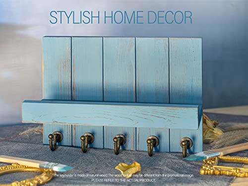 Rebee Vision Decorative Key Holder for Wall - Farmhouse Mail Organizer and Key Hanger Wall Mount for Floating Shelf with Hooks - Mid Century Home Decor Aesthetic (Distressed Blue,10-inch) - color: Distressed Blue, size: 10 Inch