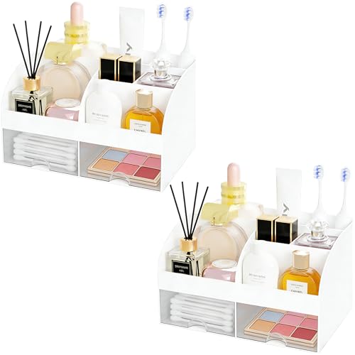Makeup Organizer with 2 Drawers, Cosmetic Storage for Dresser Vanity and Bathroom Countertop,Make up organization and Skincare Storage with Beauty Brush Holder, Cosmetic Display Case 2Pcs White - color: 2Pcs White