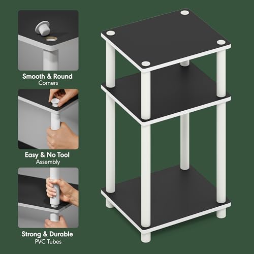 Furinno JUST Side Table, 3-Tier End Table, Open Shelves Night Stand, Bedside Table, Toolless Assembly, for Living Room, Bedroom, Bathroom, White(Espresso) | with Plastic Poles, 1-Pack - color: White/Espresso, size: 3-Tier, Round Pole, style: 1-Pack