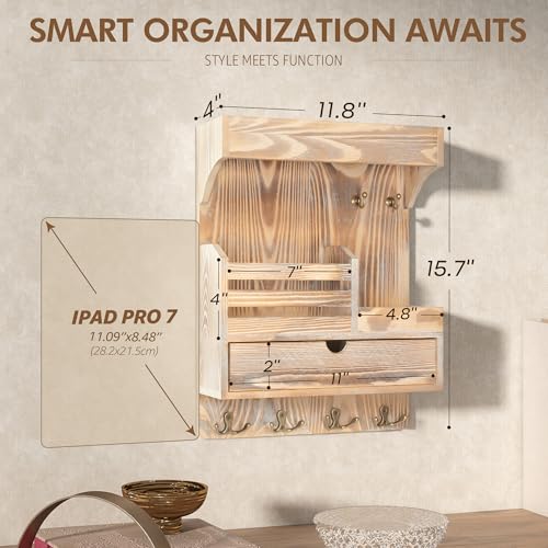 Rebee Vision Farmhouse Key Holder Wall Mount with Drawer Organizer – Wooden Mail & Key Organizer with 6 Strong Hooks & Wall Shelf – A Perfect Addition to Your Farmhouse Home Decor (Natural Wood) - color: Natural Wood, style: Large Drawer