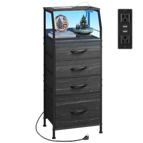WLIVE Nightstand with Charging Station, Black Night Stand with LED Light, Tall 4 Drawer Dresser for Bedroom, 37" H Bedside Table with Fabric Storage Bins, Open Wood Shelf, Metal Frame - color: Charcoal Black Wood Grain Print, size: 4 Drawers