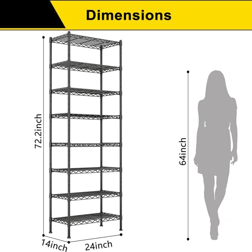 GIOTORENT 8-Wire Garage Shelving Storage Shelves, Kitchen Storage Adjustable Shelf, Metal Shelves 1600Lbs Capacity 24" Lx14 Wx72.2 H for Laundry Bathroom Pantry Closet, Black - color: Black, size: 14.0D x 24.0W x 72.2H (8Tier)