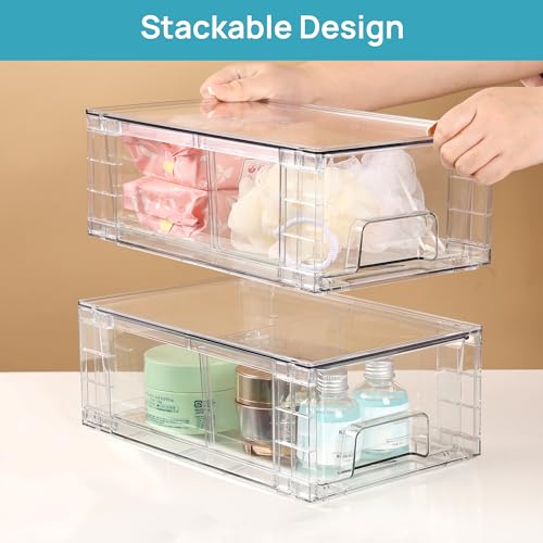 Vtopmart 2 Pack Stackable Storage Drawers,Clear Acrylic Drawer Organizers with Handles, Easily Assemble Containers for Fridge, Bathroom,Kitchen Undersink,Cabinet,Pantry Organization and Storage - size: 2Pack 4.4"H-with Dividers