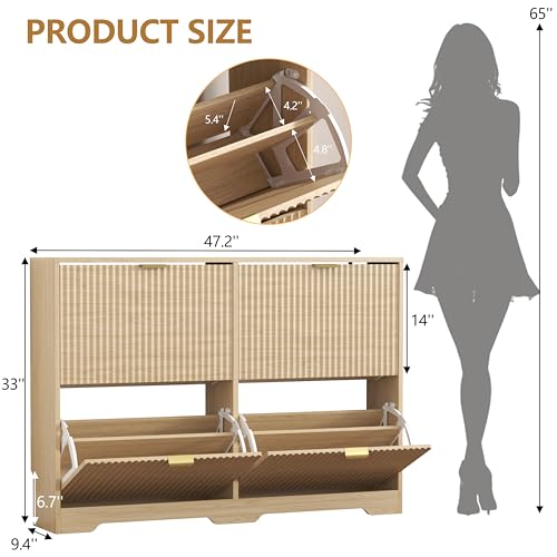 HUANLEGO Shoe Cabinet Storage for Entryway with 4 Flip Drawers, Oak Fluted Shoe Cabinet with Adjustable Shelves, Wooden Hidden Shoes Rack Freestanding Narrow Slim Shoes Storage for Hallway, Entrance - color: Oak, size: 4 Drawer without Bench