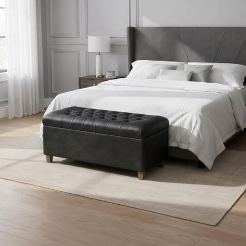 Homepop Home Decor | Button Tufted Storage Bench | Ottoman Bench with Storage for Living Room & Bedroom, Black Faux Leather - color: Black Faux Leather