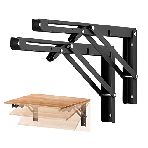 Ravinte 2 Pack 12 Inch Folding Shelf Brackets – Matte Black, Heavy Duty Collapsible Brackets for Tables and Benches – Space-Saving Design - size: 12 Inch