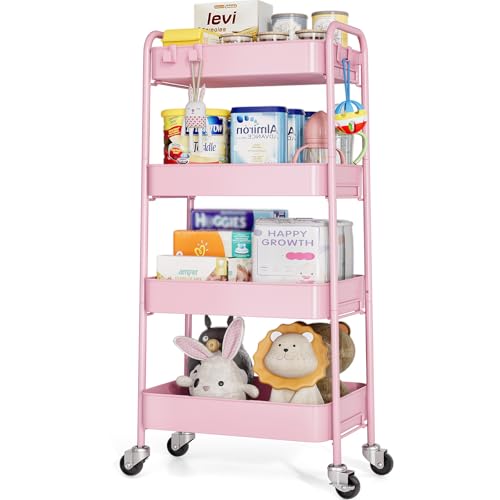 TOOLF 4-Tier Rolling Cart - Metal Storage Organizer with Lockable Wheels, 44 lbs Per Shelf Capacity, Tool-Free Assembly, for Kitchen Bathroom Office Laundry Room Nursery, Pink - color: Pink, size: 4-Tier