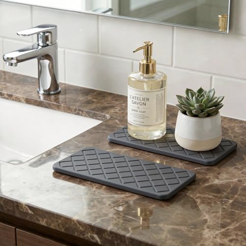 Water Absorbing Stone Drying Tray for Kitchen Counter Decor Bathroom Sink Organizer Soap Dish Dispenser Tray Diatomite Stone Fast Quick Drying Mat Bathroom Vanity Trays Sponge Holder Drink Coasters - color: Dark Grey Quilted