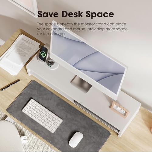 Fenge Monitor Stand, 31.5 Inch Computer Monitor Riser for Desk, 2 Tiers Wood Desk Shelf with Storage, Desktop Organizer for PC, Laptop, Screen, Printer - color: White